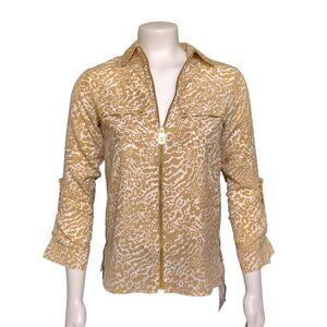 Michael Kors Petite Animal-Print Zip-Front Top - White/Khaki